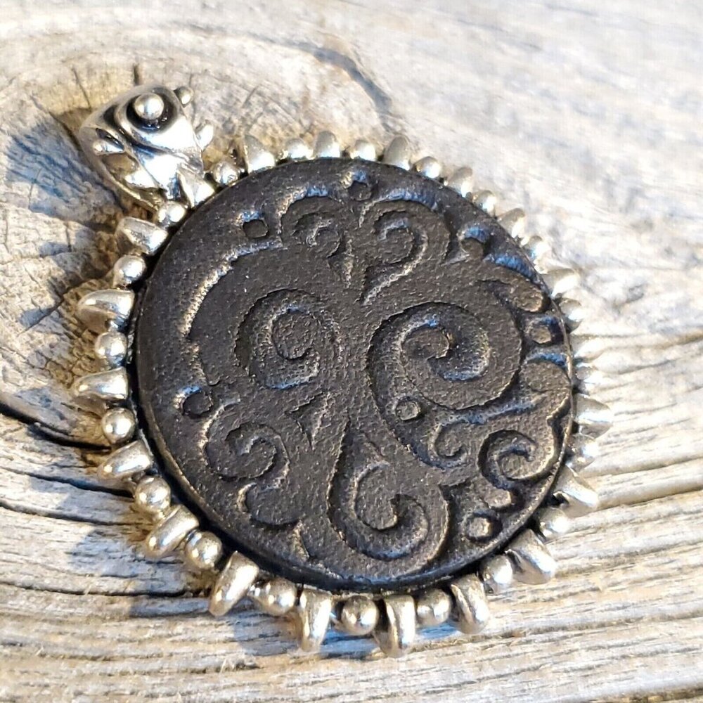 Vintage Black Leather Embossed Swirls Bali Style Bail Silver Pewter Pendant